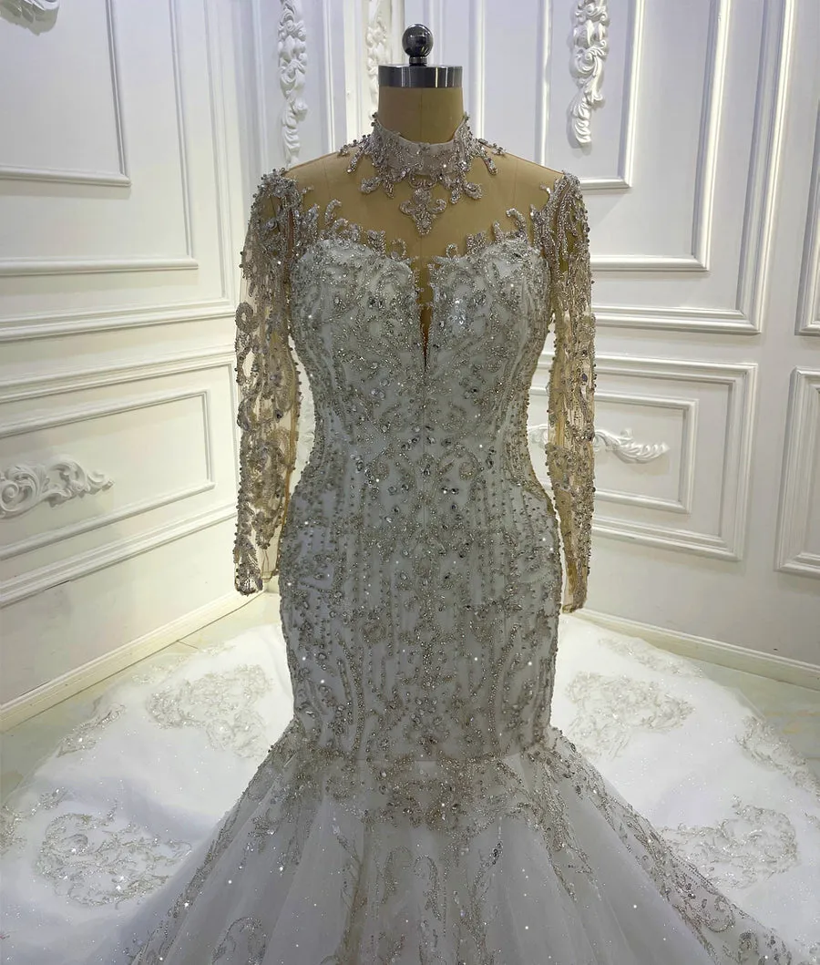 AM1272 Long Sleeve Lace Appliques Mermaid  sequin Appliques Luxury high neck Wedding Dress