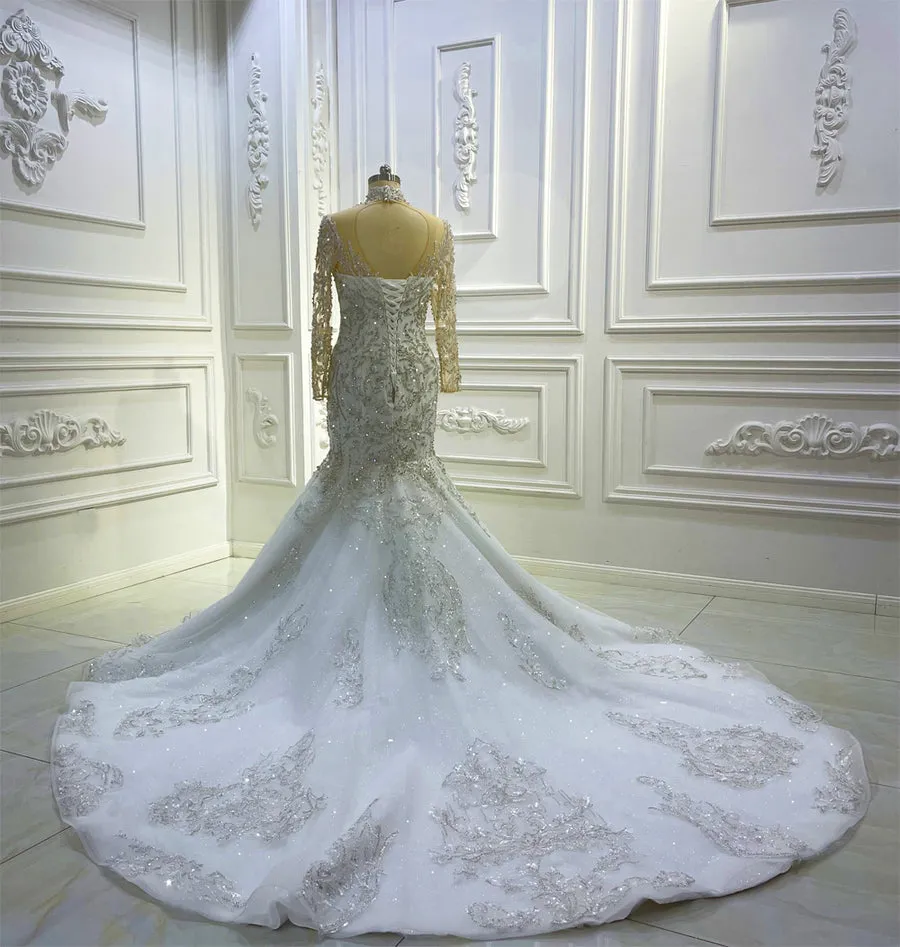 AM1272 Long Sleeve Lace Appliques Mermaid  sequin Appliques Luxury high neck Wedding Dress