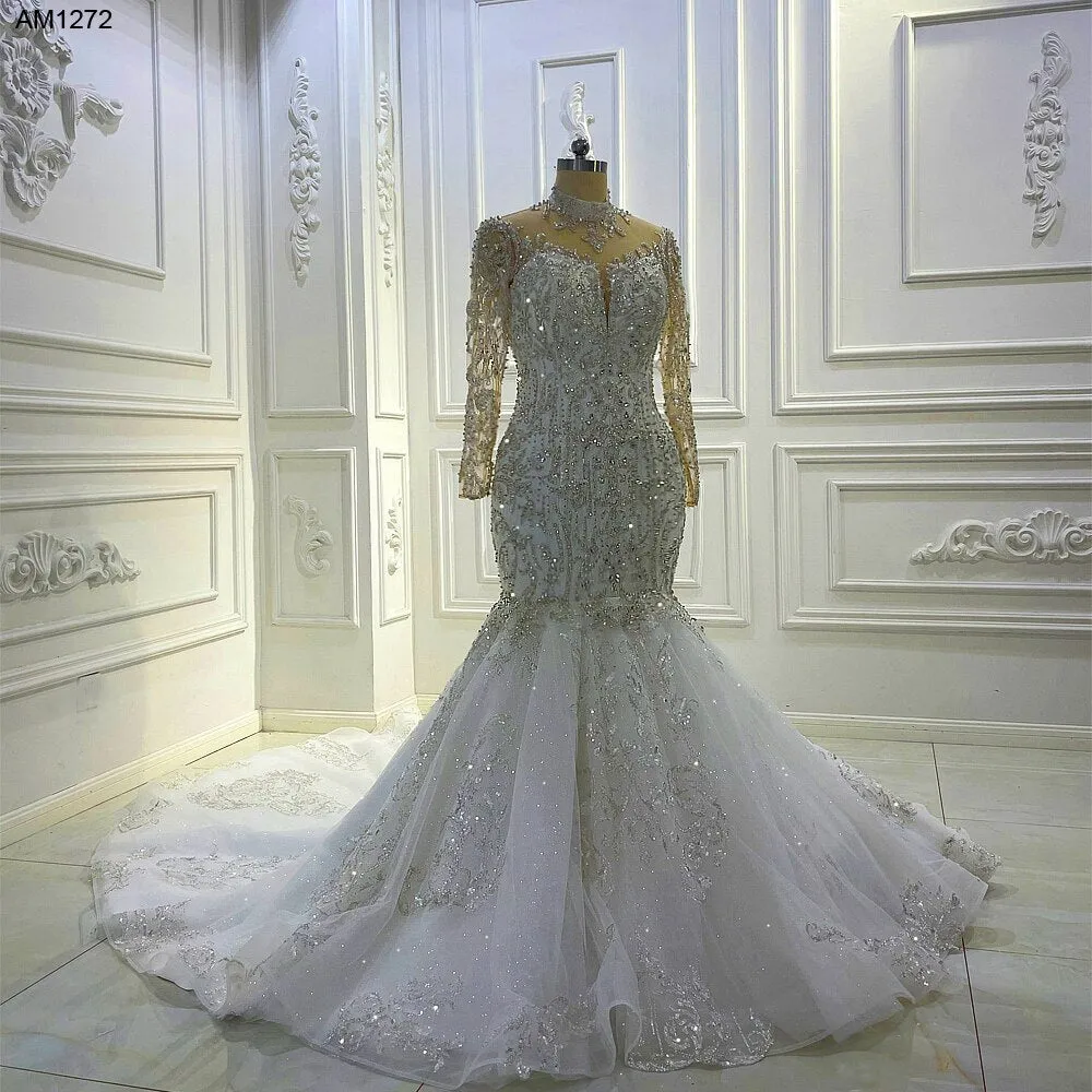 AM1272 Long Sleeve Lace Appliques Mermaid  sequin Appliques Luxury high neck Wedding Dress