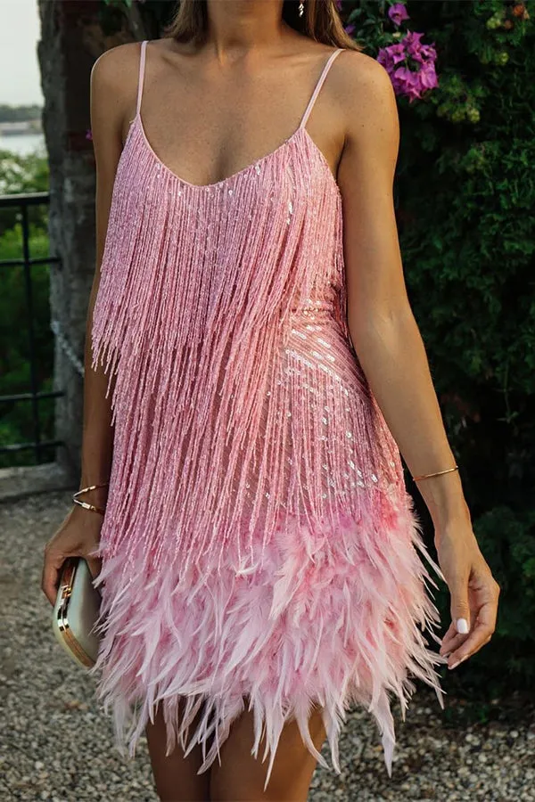 Elegant Tassel and Feather Detailing Luxury Dress for Sophisticated Women