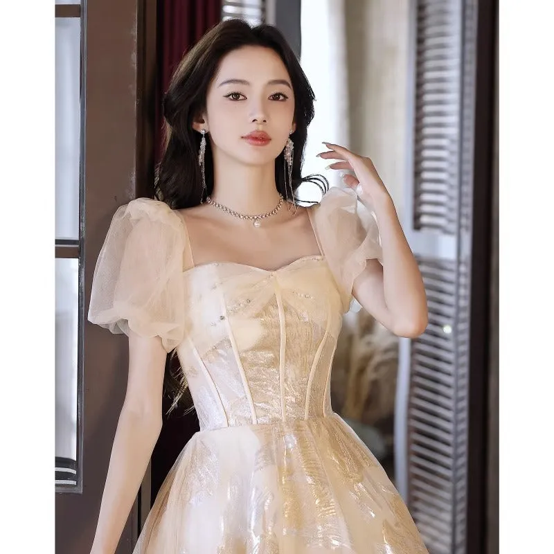 IKERRLAX Evening Dress Women's High-Grade High-End Affordable Luxury Niche Super Fairy Light Yarn Champagne Gauze Dress Vocal Music Art Test High-End