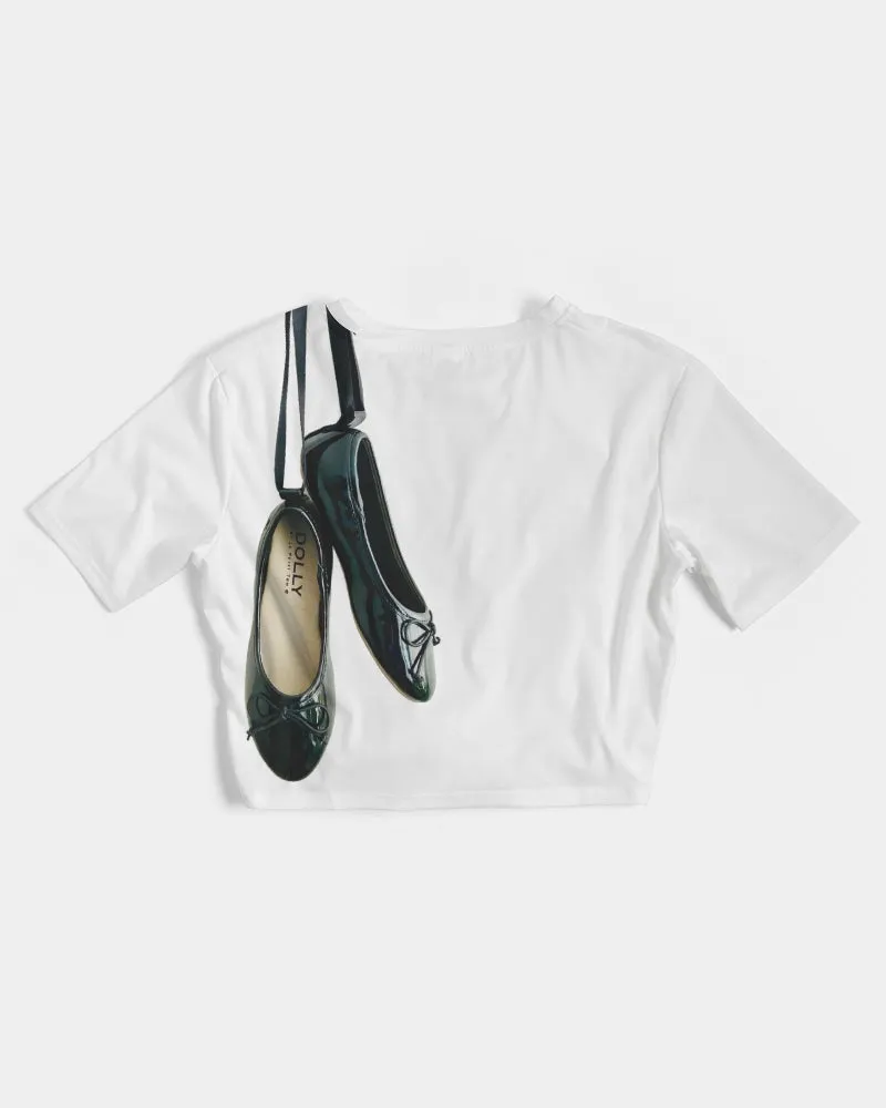 NOT WITHOUT MY DOLLY BALLERINAS WITH BLACK BALLERINAS  Women's Twist-Front Cropped Tee