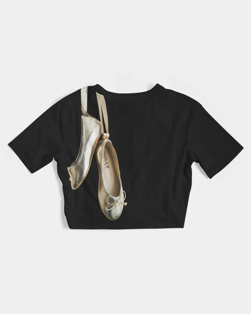 NOT WITHOUT MY DOLLY BALLERINAS WITH GOLD BALLERINAS Women's Twist-Front Cropped Tee