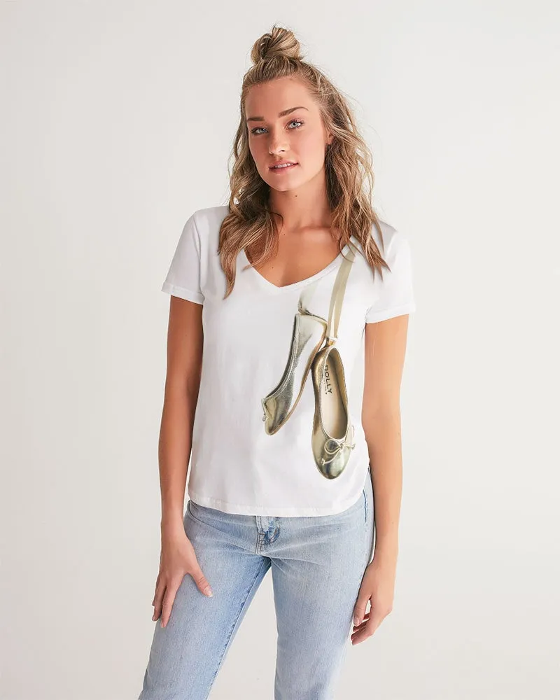 NOT WITHOUT MY DOLLY BALLERINAS WITH GOLD BALLERINAS Women's V-Neck Tee