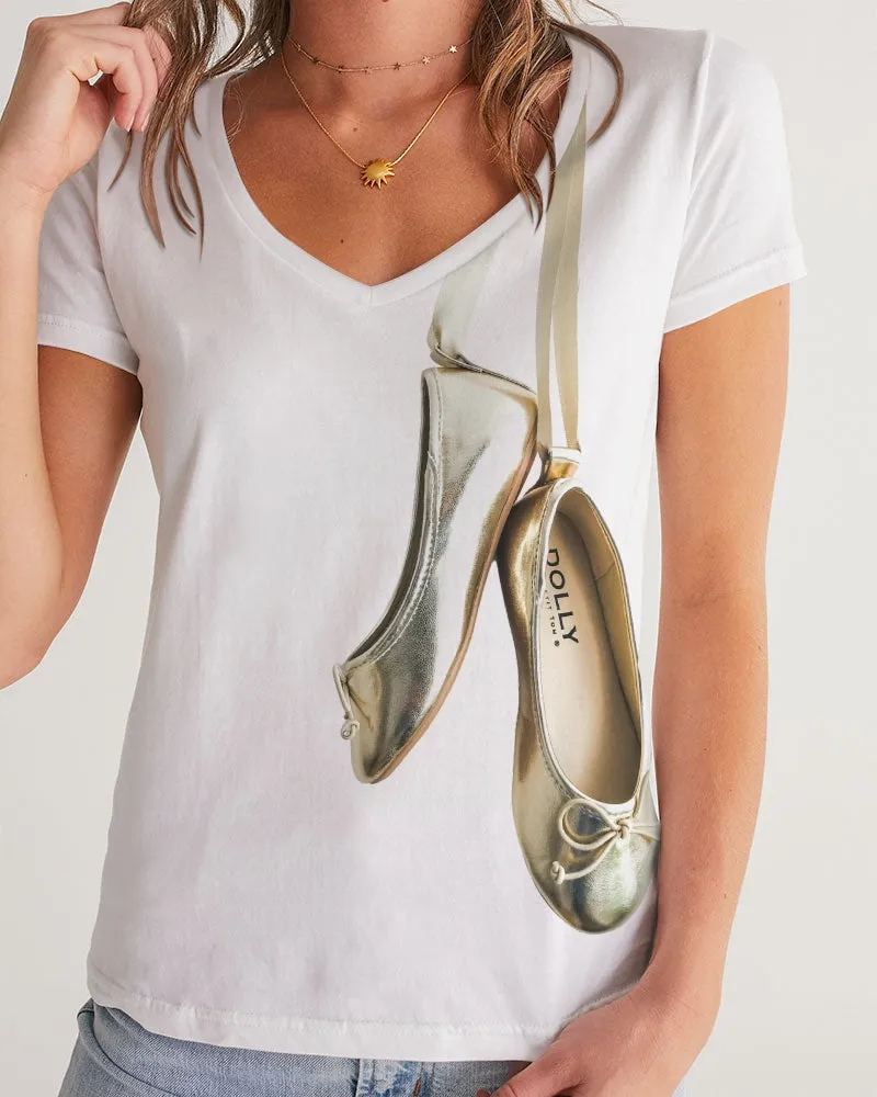 NOT WITHOUT MY DOLLY BALLERINAS WITH GOLD BALLERINAS Women's V-Neck Tee