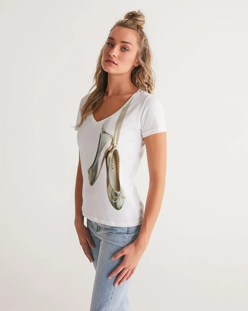 NOT WITHOUT MY DOLLY BALLERINAS WITH GOLD BALLERINAS Women's V-Neck Tee