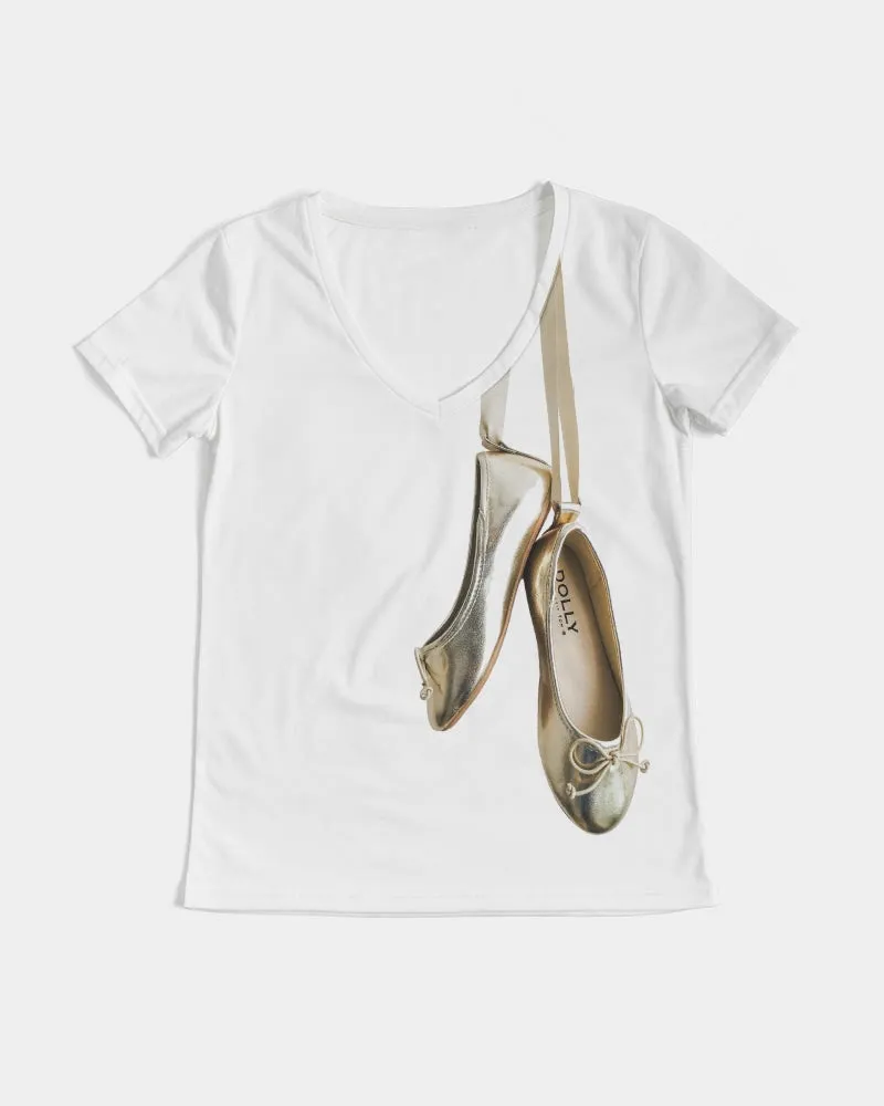 NOT WITHOUT MY DOLLY BALLERINAS WITH GOLD BALLERINAS Women's V-Neck Tee