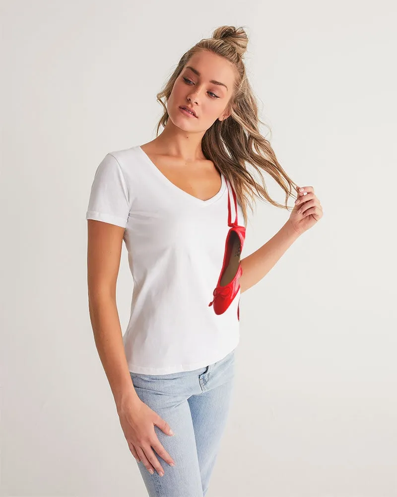 NOT WITHOUT MY DOLLY BALLERINAS WITH RED BALLERINAS Women's V-Neck Tee