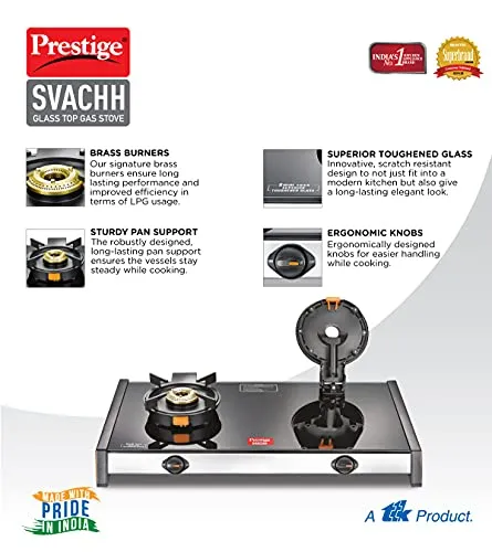 Prestige Svachh GTSV-02 Glass top LP Gas Table, 2 Burner, With Liftable Burner Set