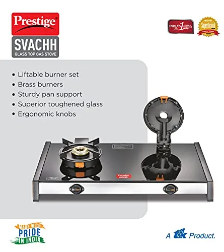 Prestige Svachh GTSV-02 Glass top LP Gas Table, 2 Burner, With Liftable Burner Set