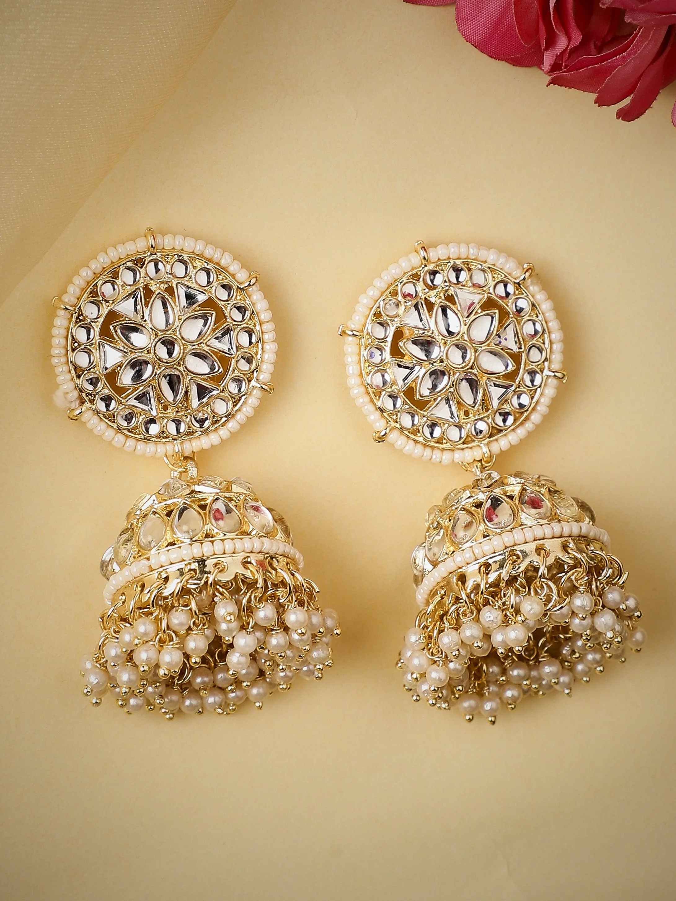 Rubans Gold Plated Handcrafted Kundan & White Perals Jhumka Earrings