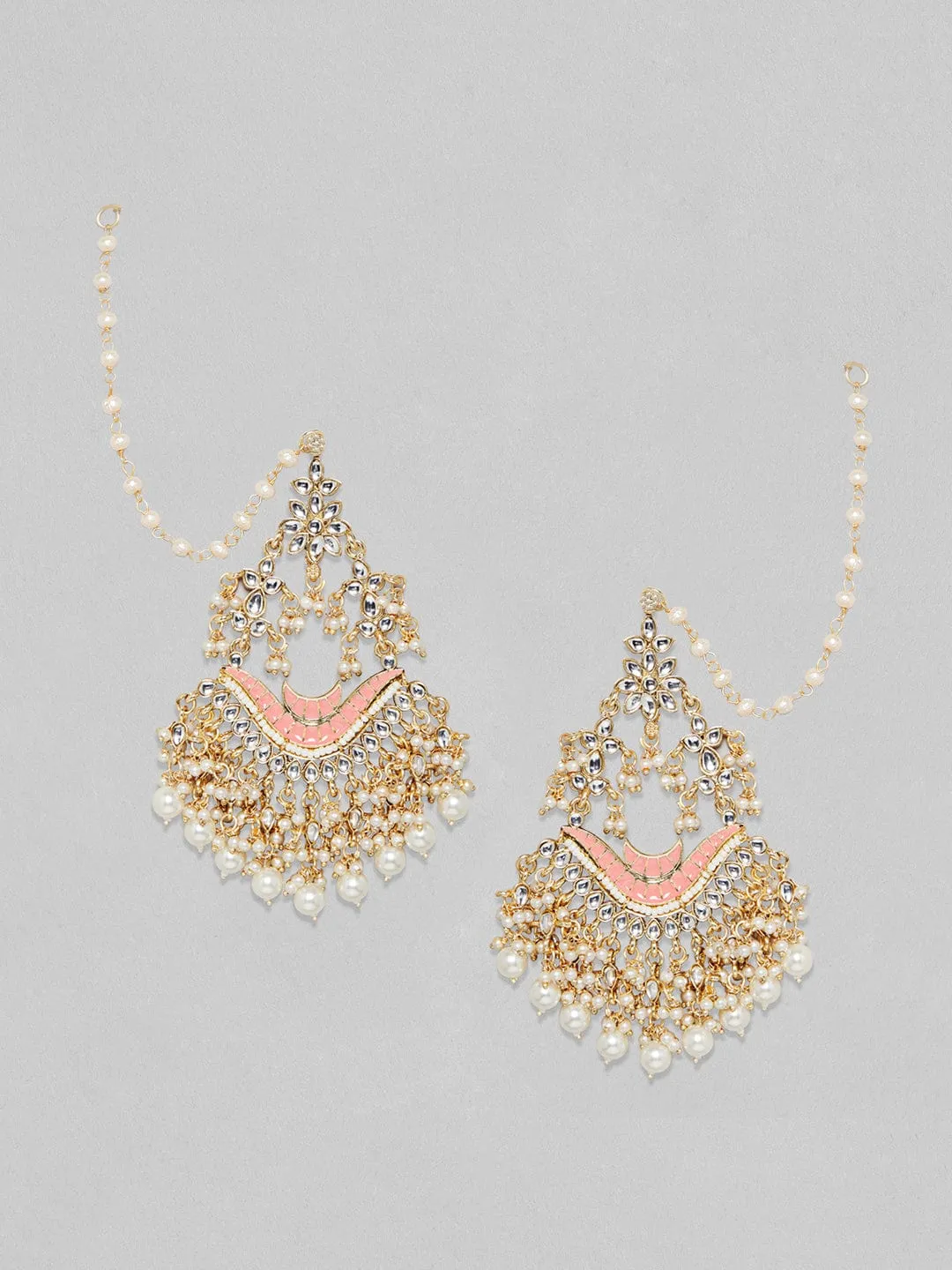 Rubans Gold Plated Kundan Earrings With Pink Enamel And Pearls