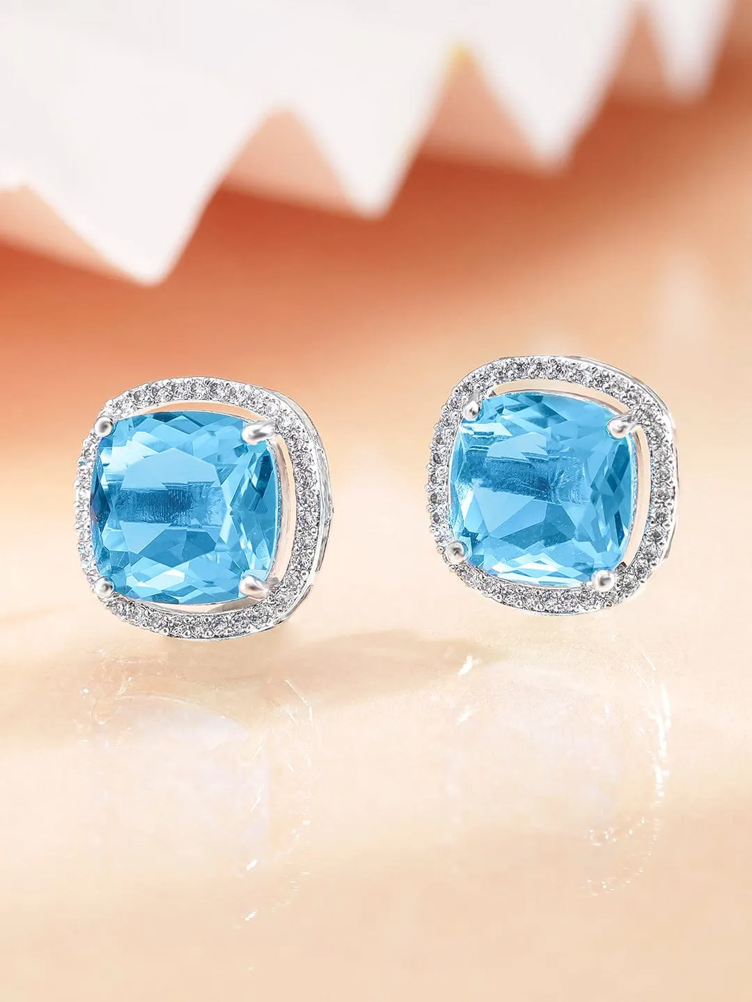 Rubans Rhodium plated Blue Zirconia Cushion cut Classy stud Earring