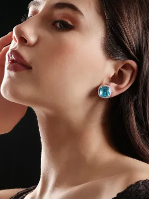 Rubans Rhodium plated Blue Zirconia Cushion cut Classy stud Earring